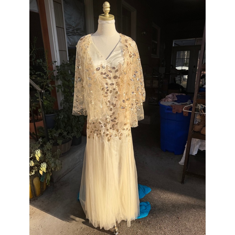 Champagne Sequin Beaded Tulle Evening Gown with Matching Bolero Jacket Size 8